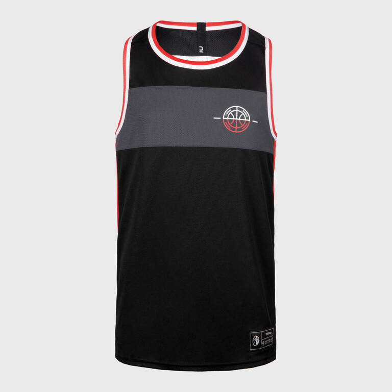 Jersey Basket Anak Tanpa Lengan Dua Sisi T500R - Putih/Merah/Hitam