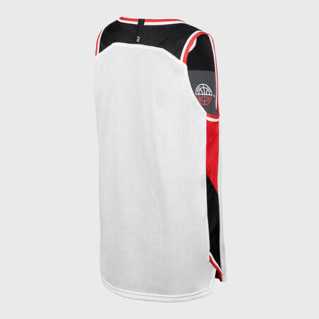 Jersey Basket Anak Tanpa Lengan Dua Sisi T500R - Putih/Merah/Hitam