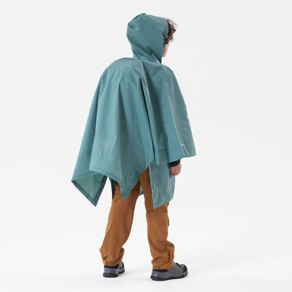 Bērnu pārgājienu lietus pončo, 10 l, no 126 līdz 156 cm, zili zaļš