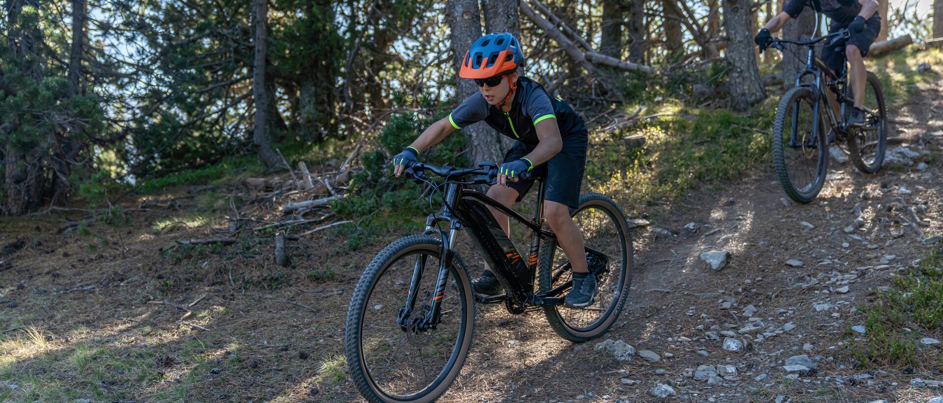Two men cycling through forest