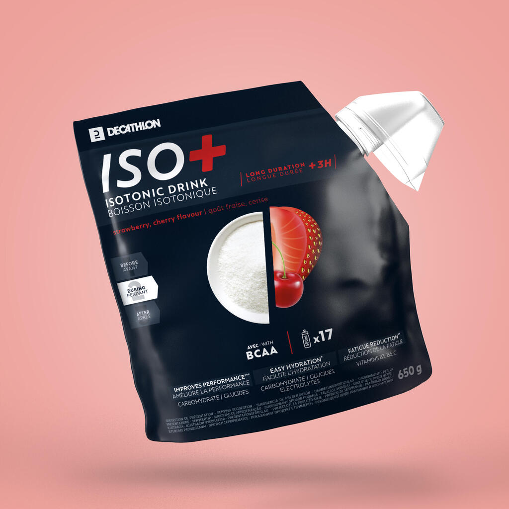 Izotoniska dzēriena pulveris “iso+”, 650 g, ar zemeņu/ķiršu garšu