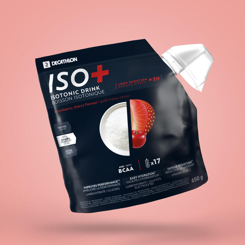 Poeder voor isotone sportdrank ISO+ aardbei/kers 650 g