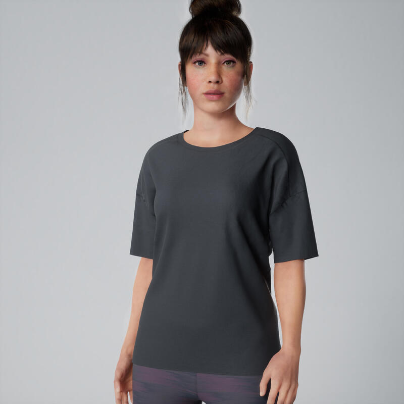 T-shirt donna fitness 500 taglio ampio misto cotone grigia