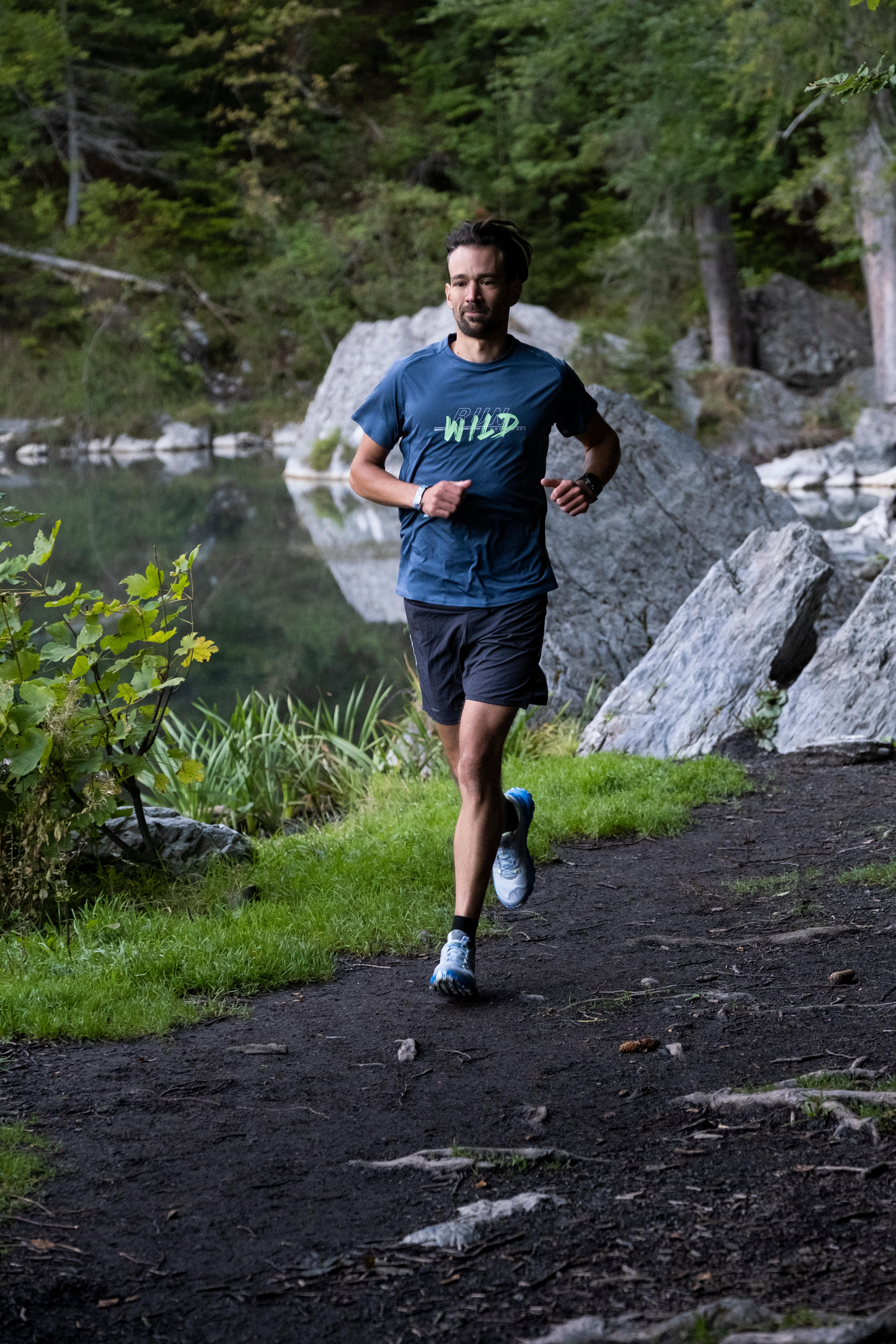 Men s Trail Running T Shirt Teal Print