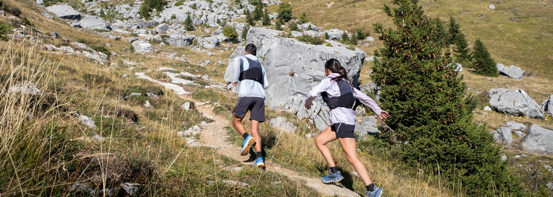 Zwei Menschen laufen auf einem schmalen Wanderweg bergauf, umgeben von grüner Wiese, Felsen und blauem Himmel.