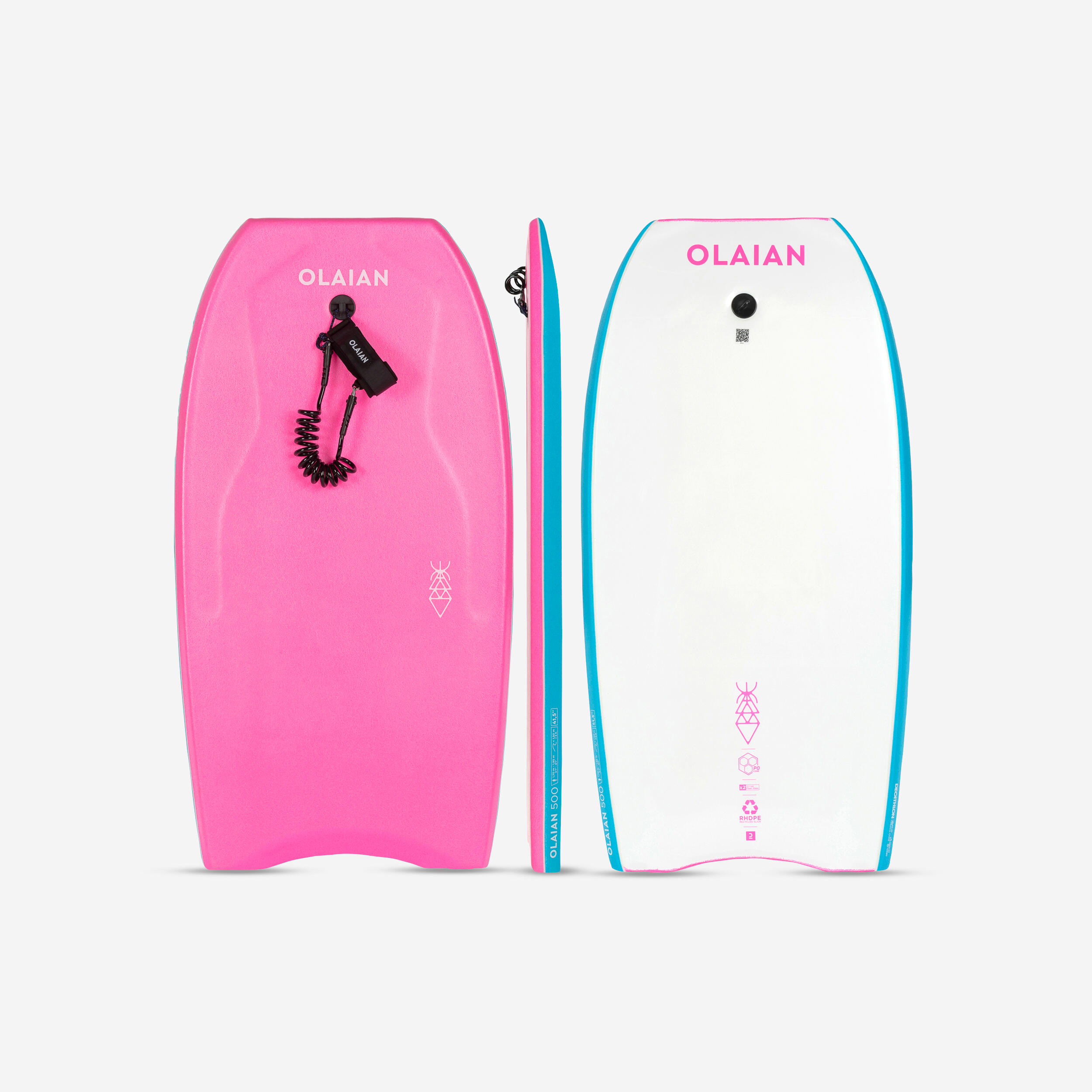 OLAIAN Bodyboard 500 pink white with leash