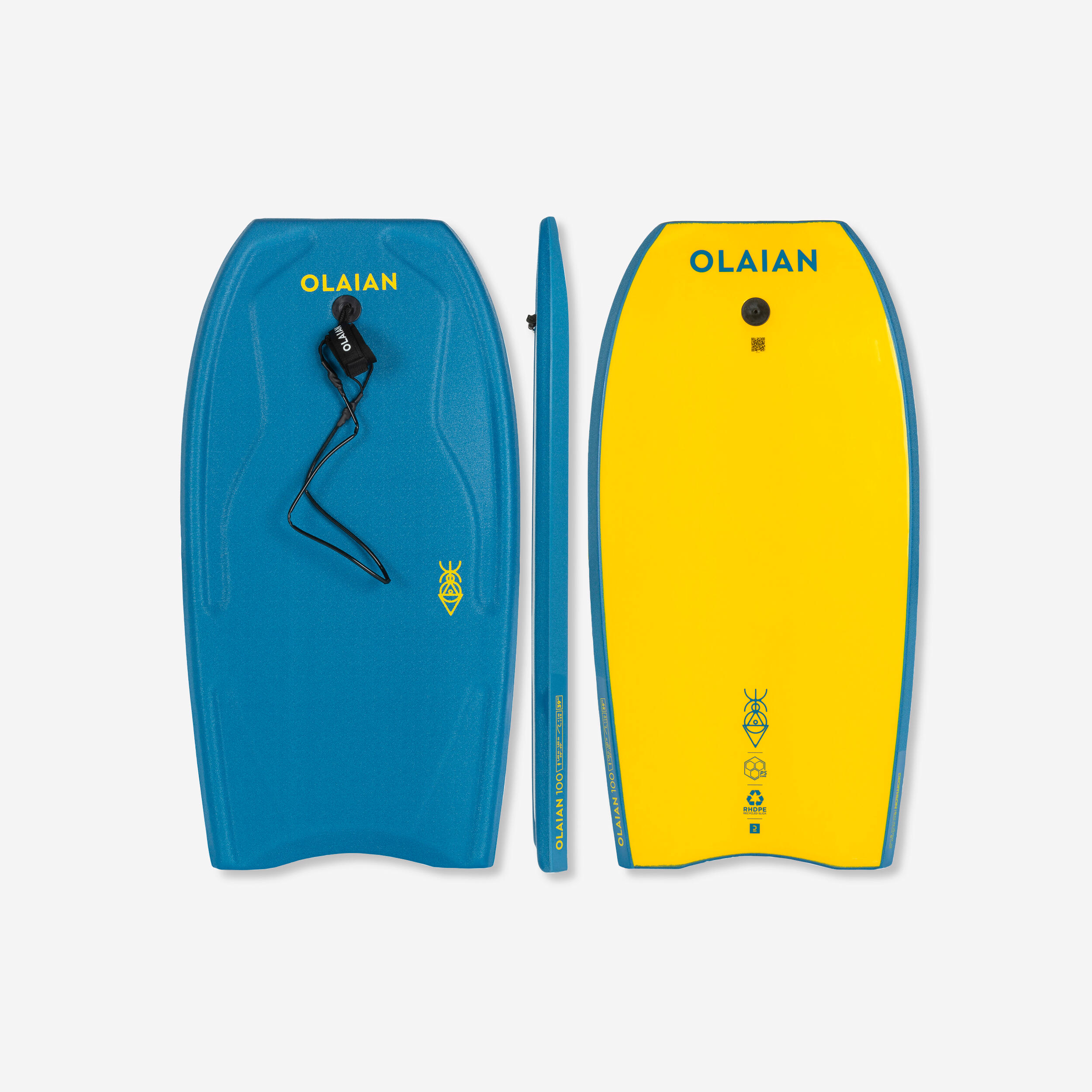 Bodyboard avec laisse au poignet - 100 bleu/jaune - OLAIAN