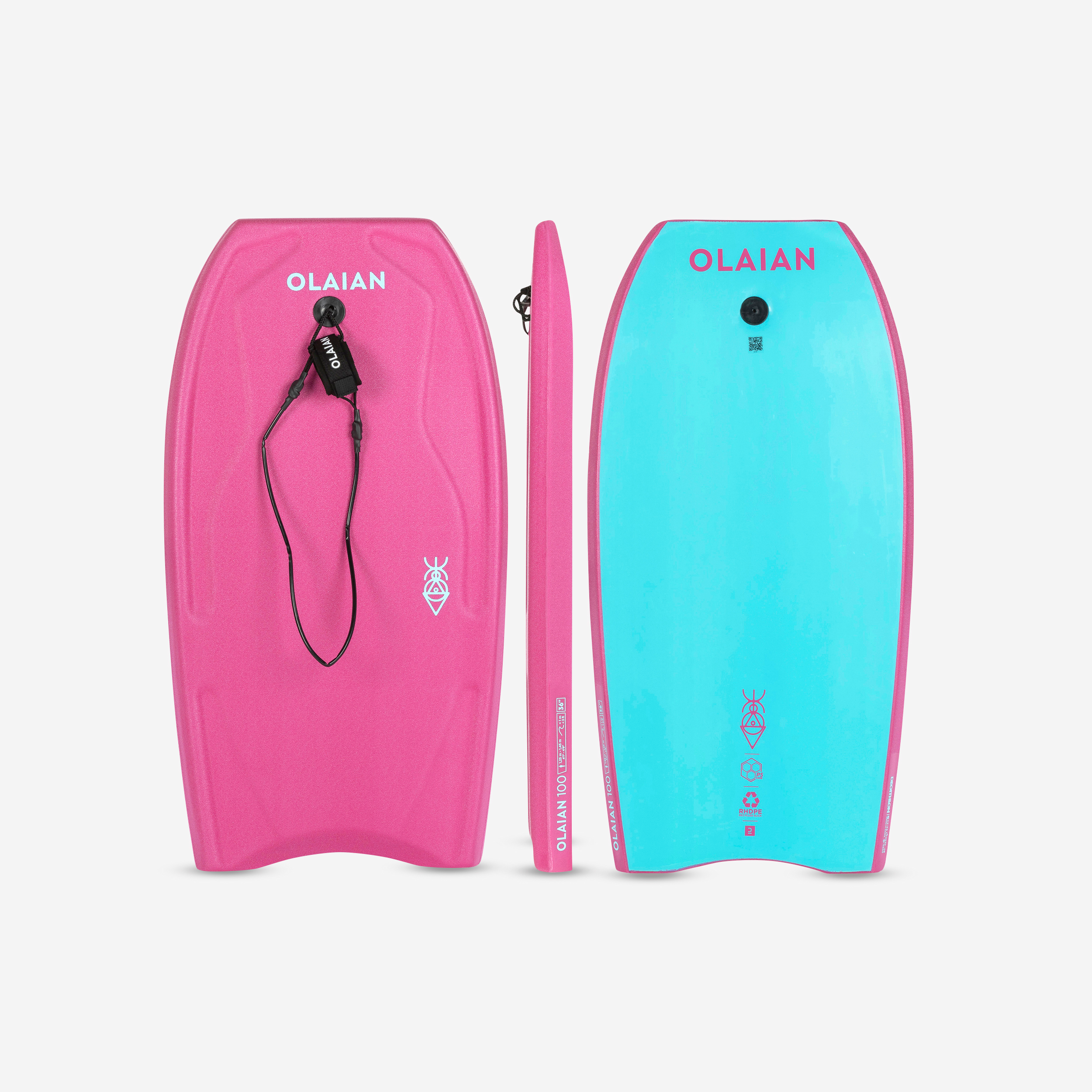 Bodyboard 100 Junior rose bleu avec leash poignet