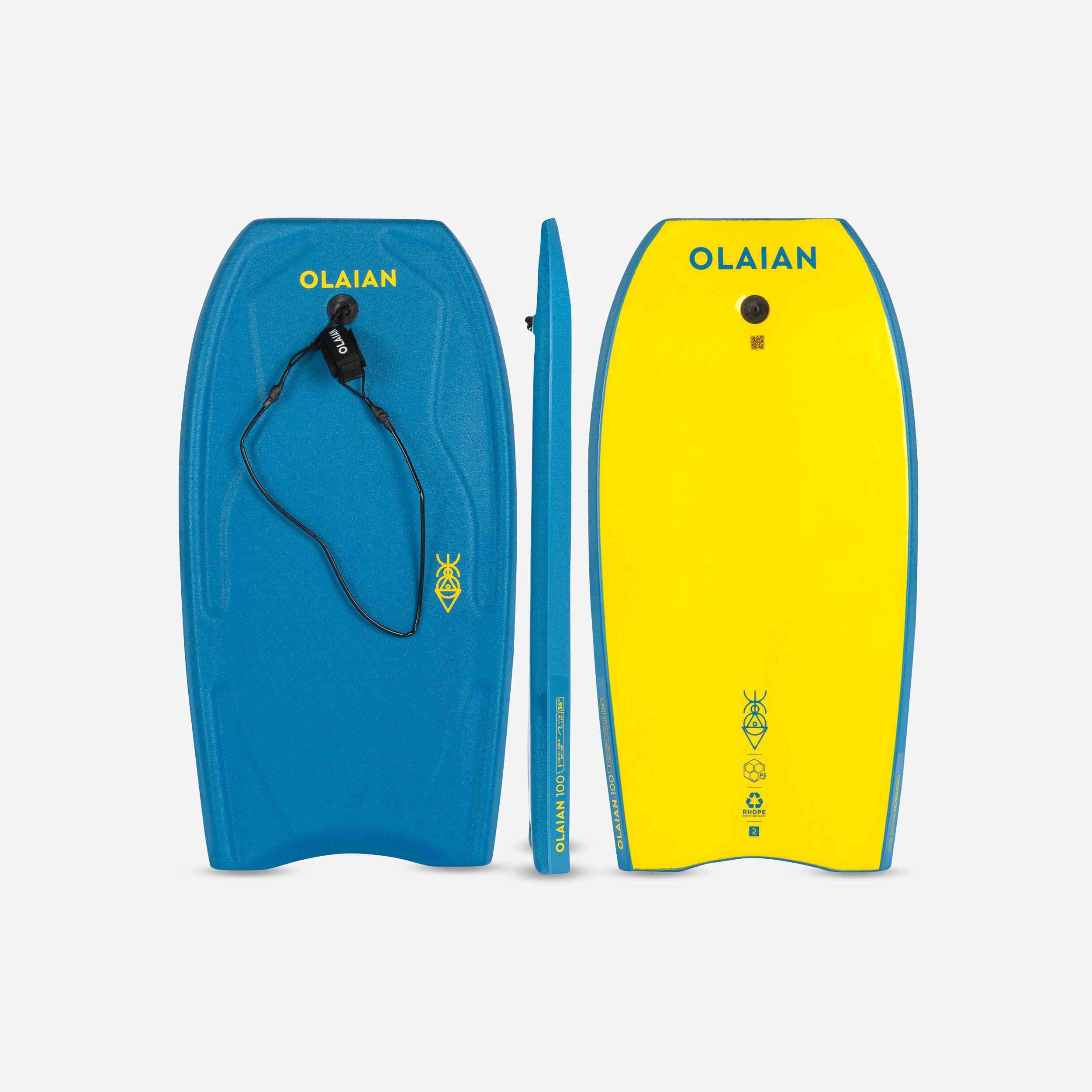 Kids bodyboard 100 blue yellow with wrist leash Size 36”