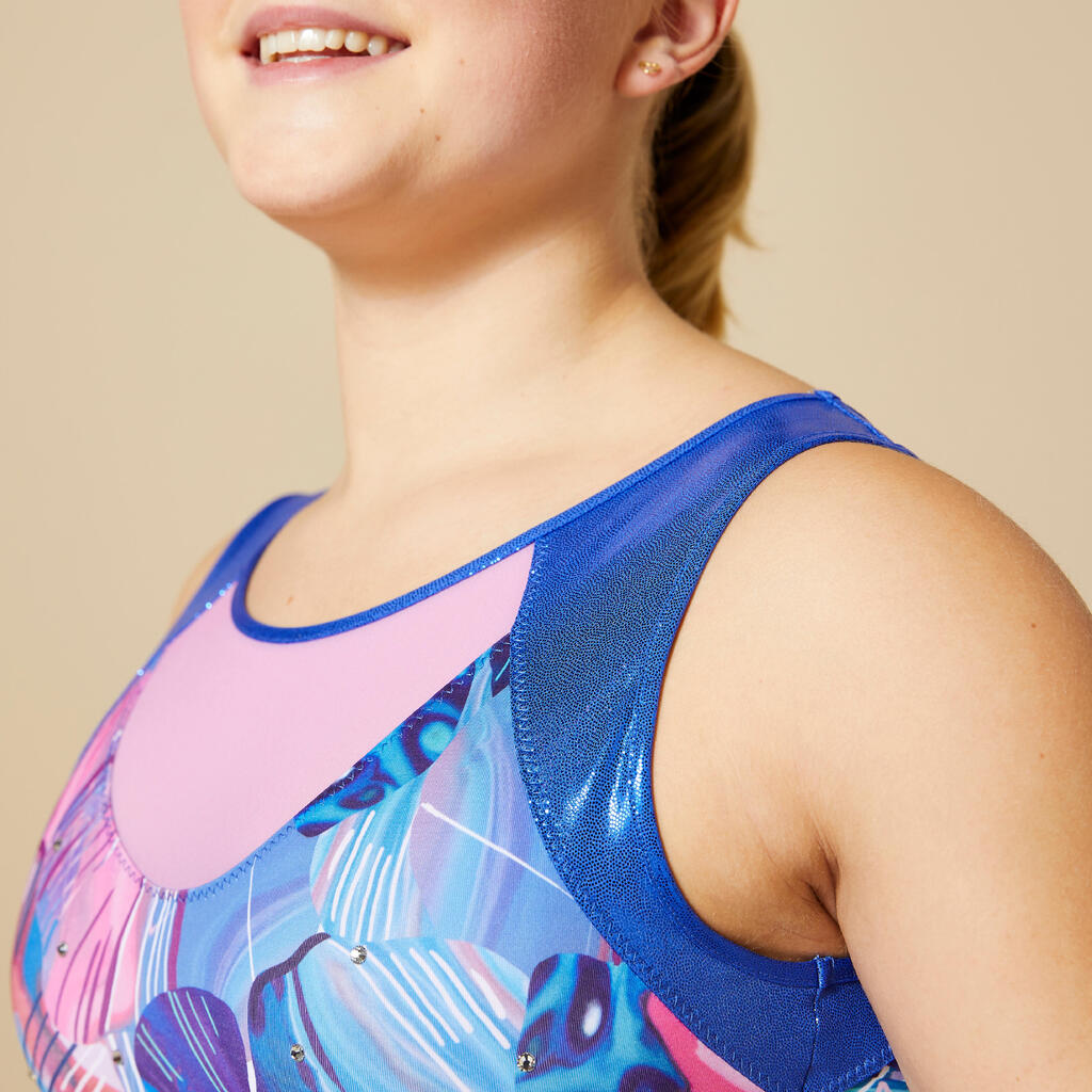 Ärmelloser Gymnastikanzug Mädchen - mit Print, silbern mit Pailletten