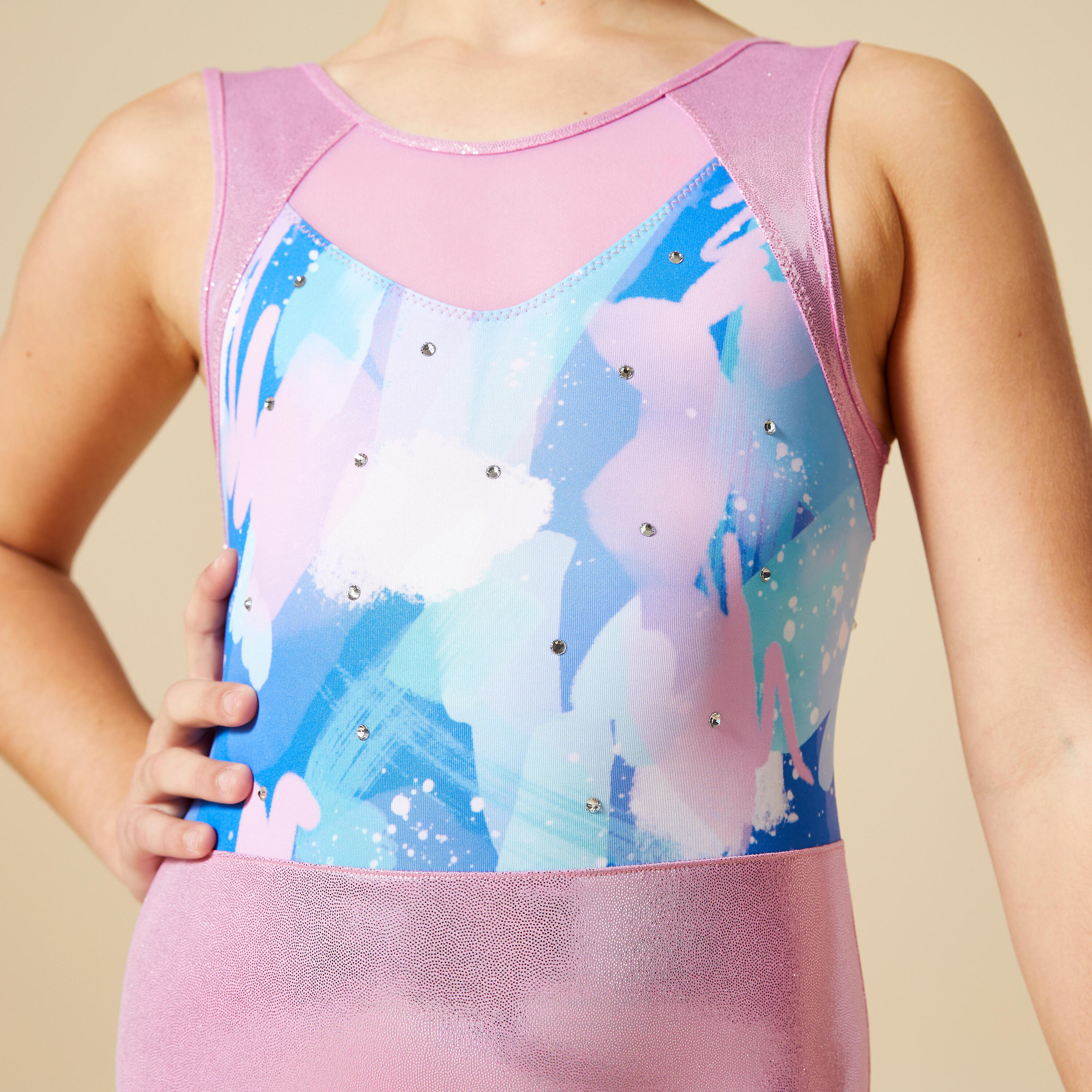 Girls' Sleeveless Gym Leotard - Pink Glitter with Rhinestones 5/6