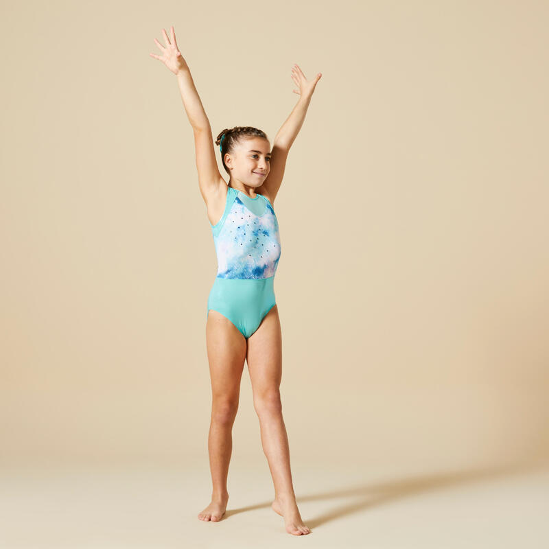 Body bambina ginnastica senza maniche con strass turchese