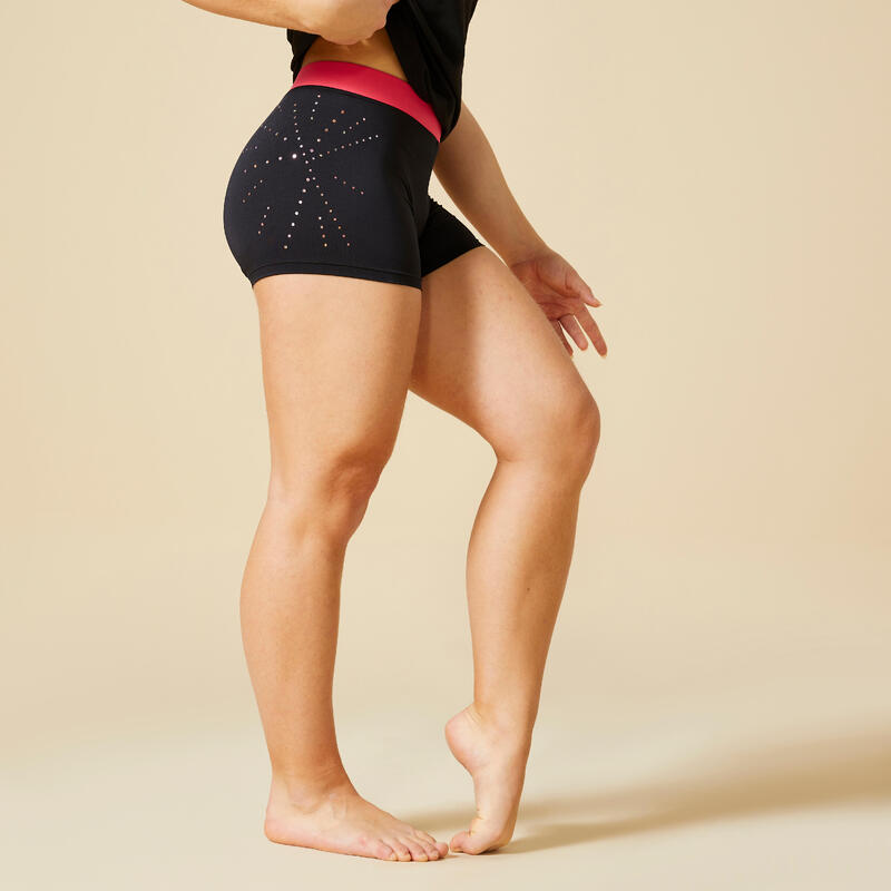 Pantaloncini ginnastica femminile500 nero-rosa con strass