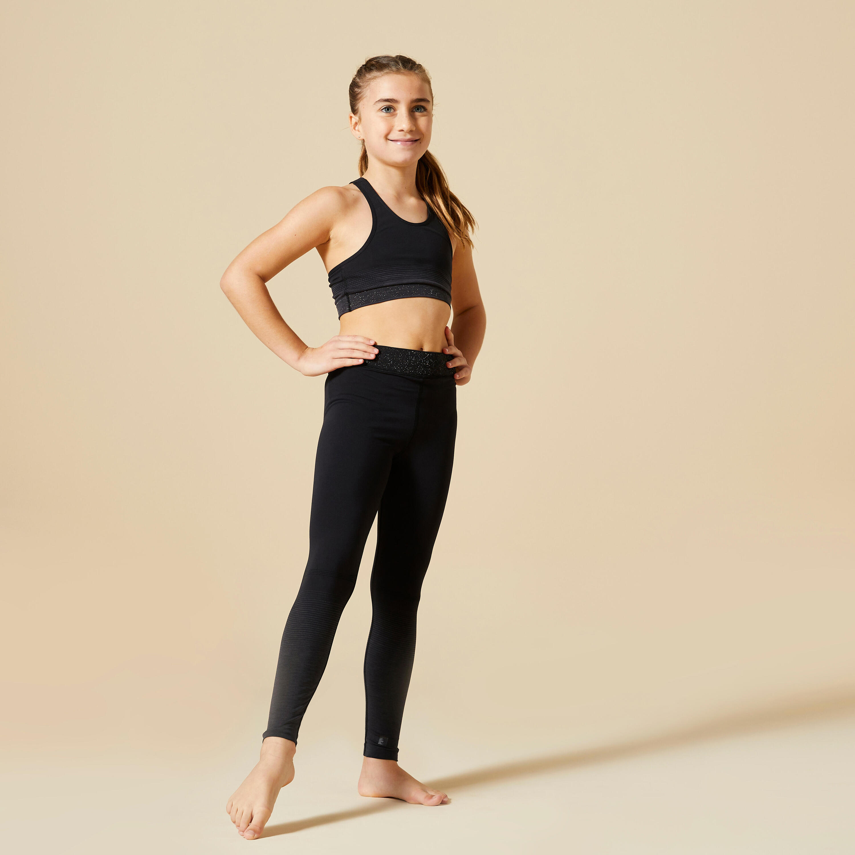 Leggings de Ginástica Menina Cintura Brilhante Seamless 580 Preto/Cinzento 2/6