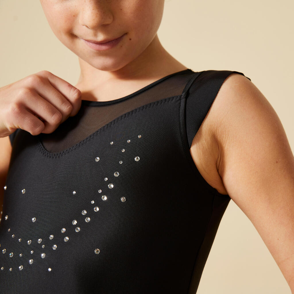 Dievčenský trikot na gymnastiku so sukničkou čierny so štrasom