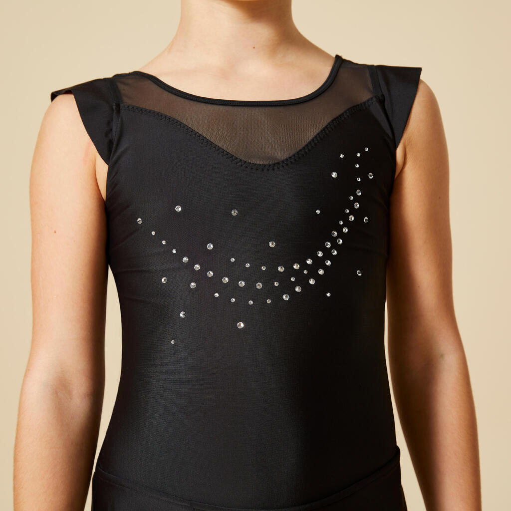 Dievčenský trikot na gymnastiku so sukničkou čierny so štrasom