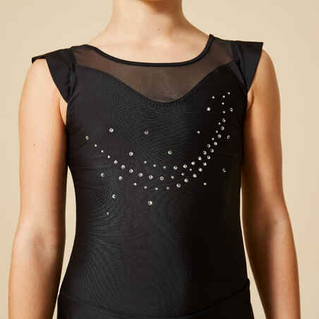 Girls' Sleeveless Rhythmic Gymnastics Skirted Leotard - Black with Rhinestones