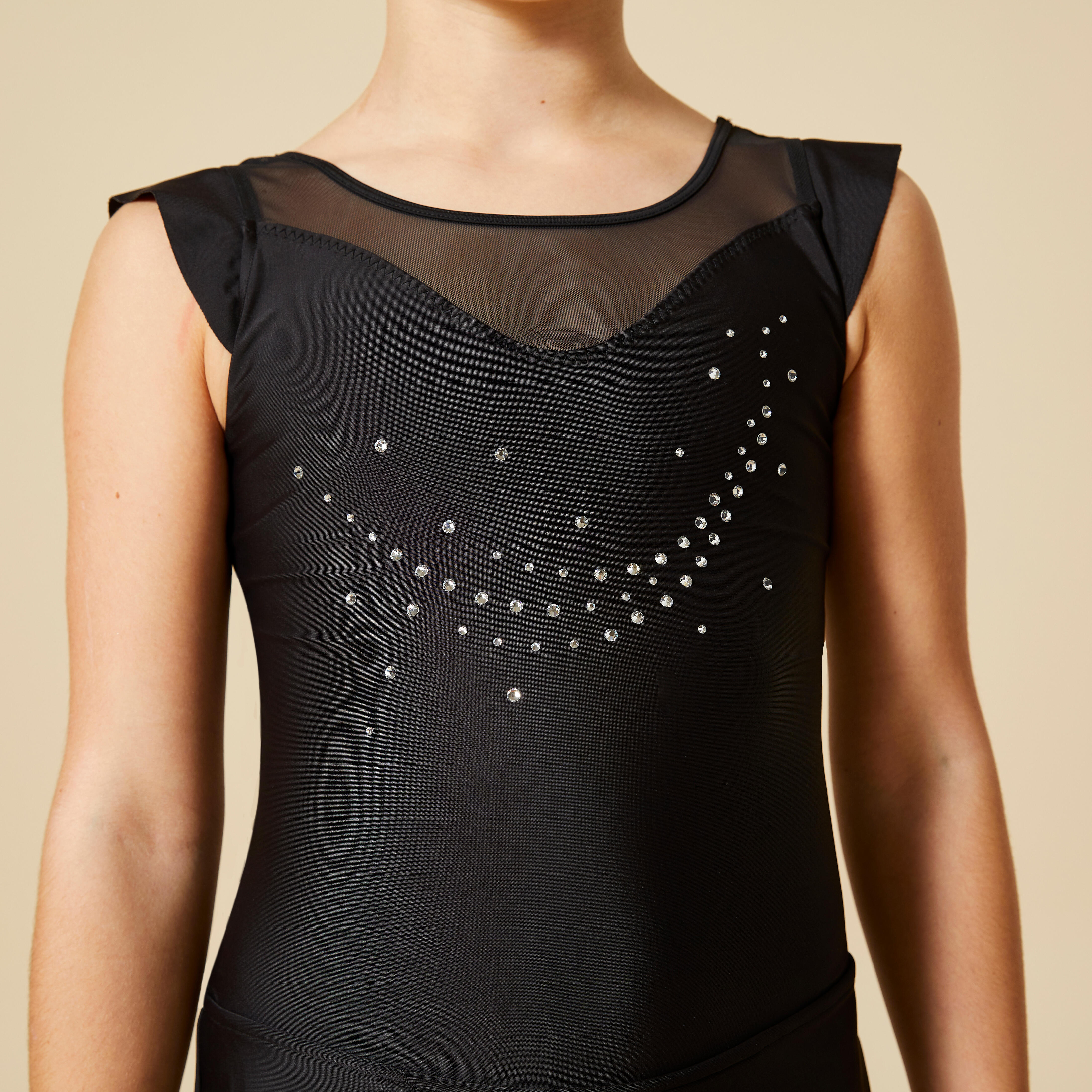 Girl's Rhythmic Gym leotard with skirt and sleeveless black rhinestones