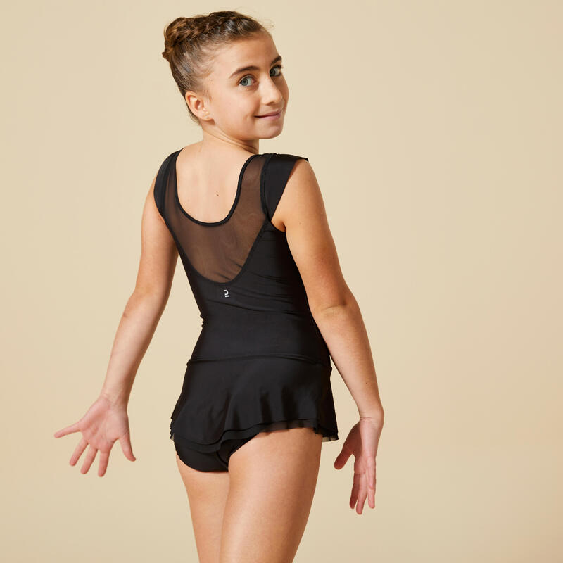 Body bambina ginnastica ritmica senza maniche con gonnellino nero con strass
