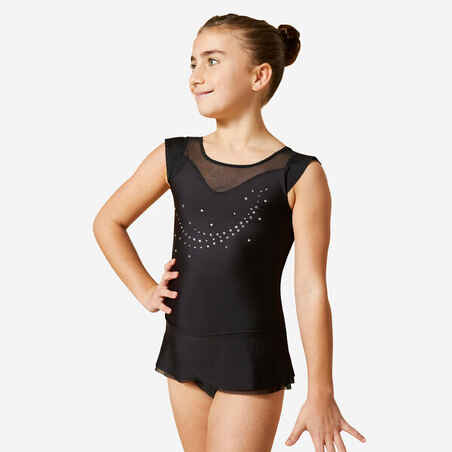 Dekliški triko za ritmično gimnastiko brez rokavov in s krilom - črn s kristali
