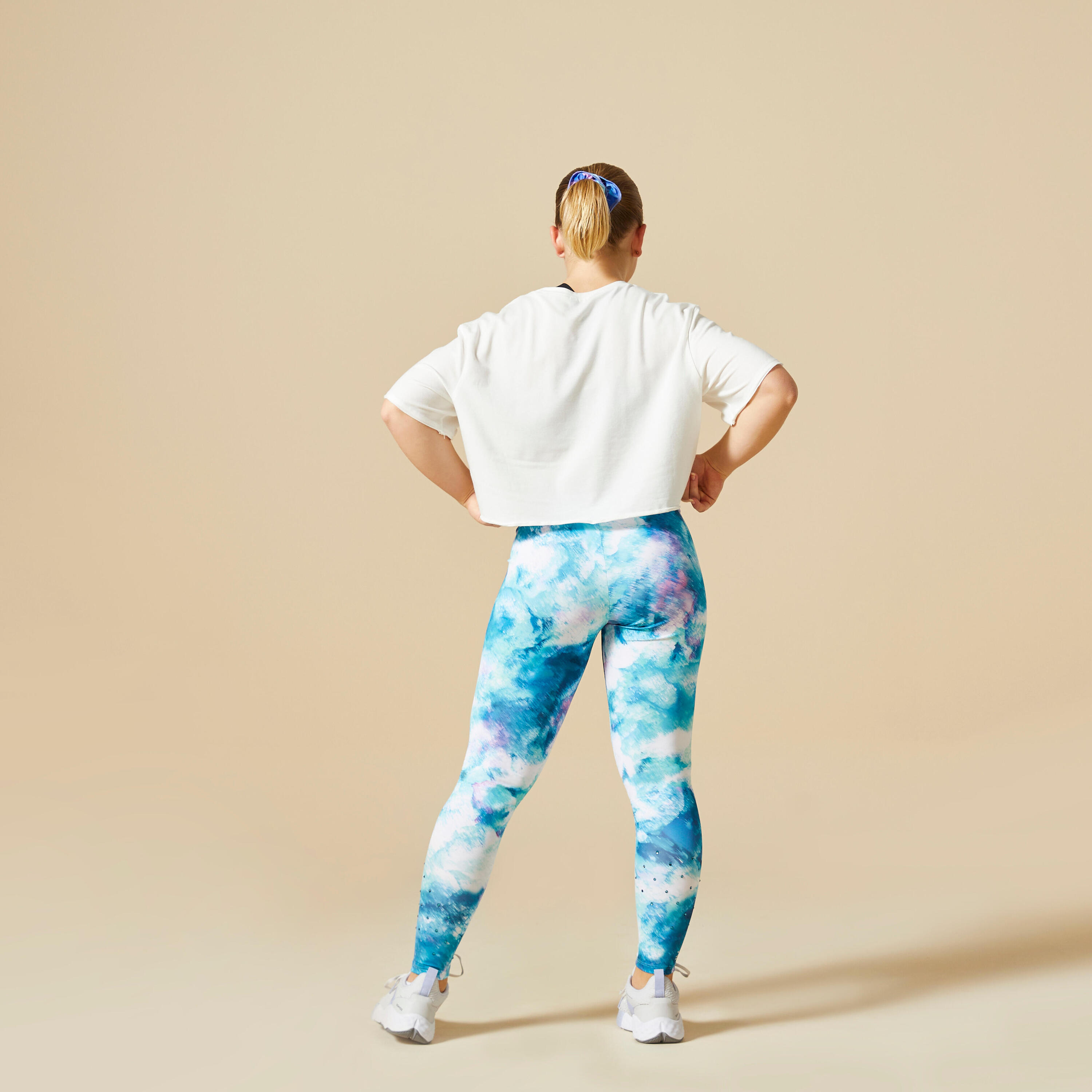 Girls' High-Waist Gym Leggings  - Turquoise Print 3/6