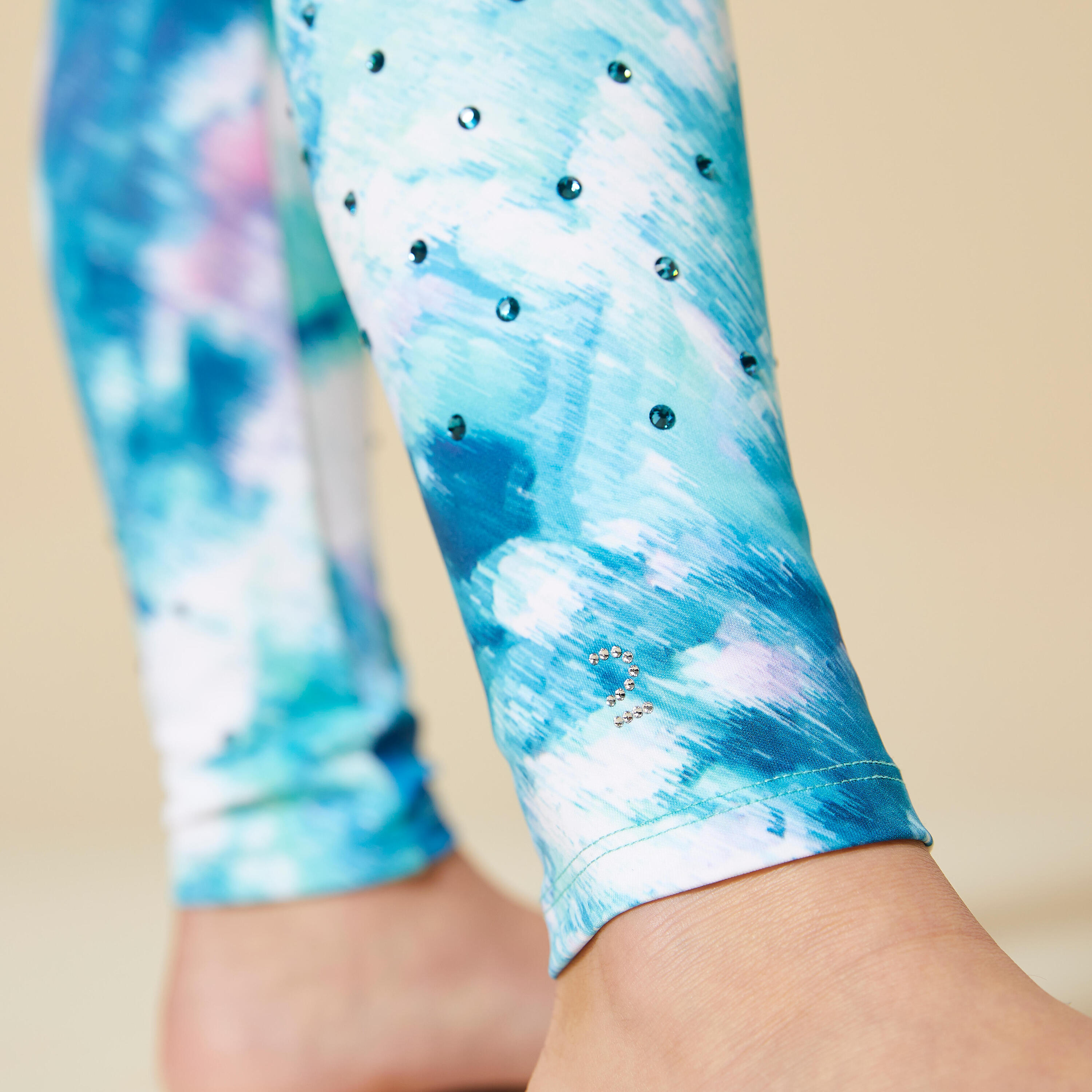 Girls' High-Waist Gym Leggings  - Turquoise Print 5/6