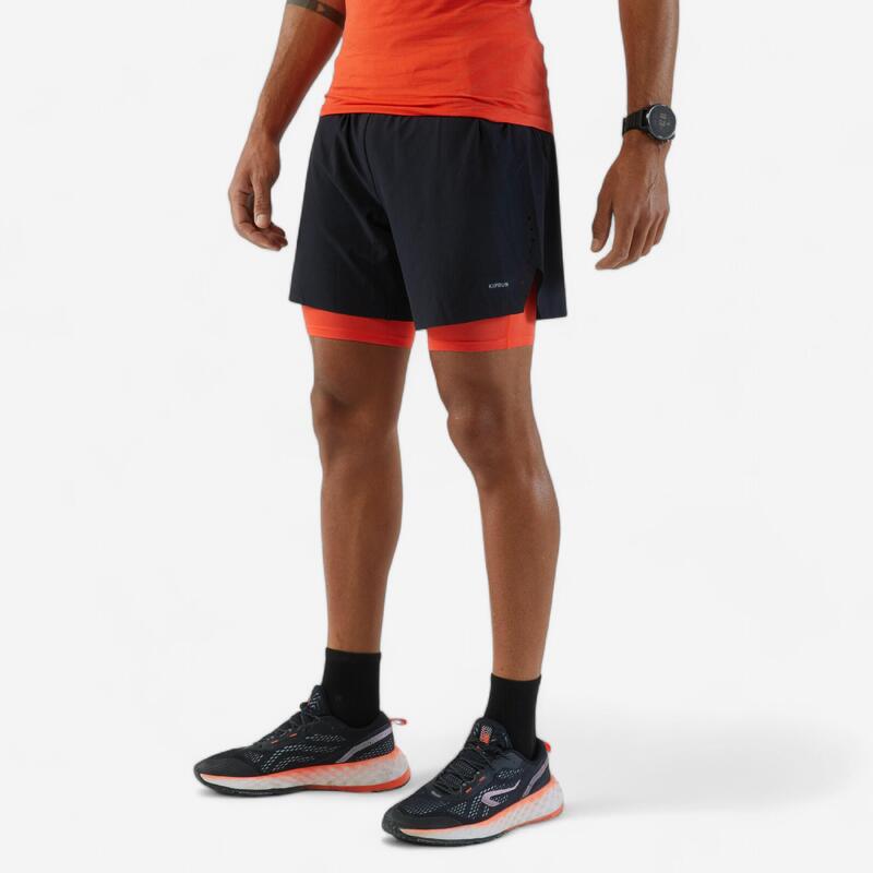 Short 2 en 1 de running Homme - KIPRUN Run 500 Confort Noir