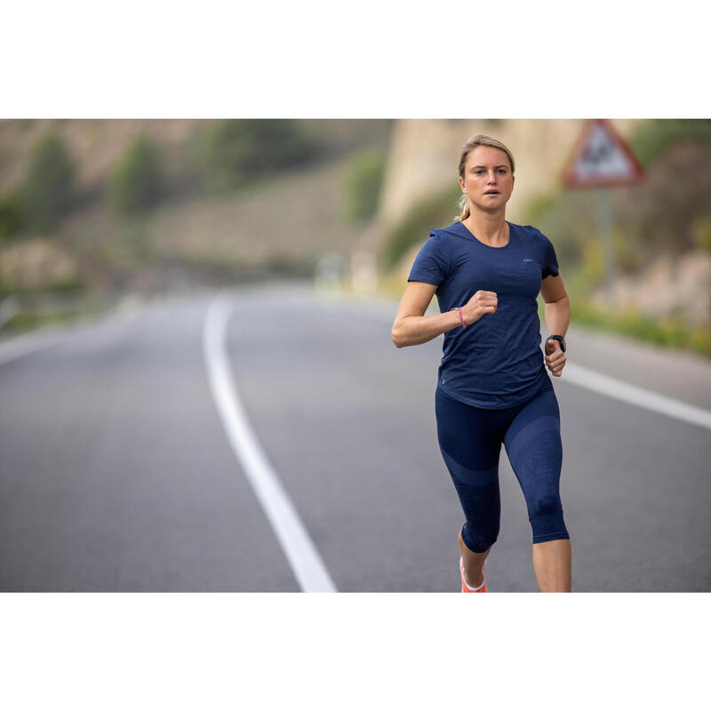 T-shirt running sans couture Femme - KIPRUN Run 500 Confort bleu ardoise