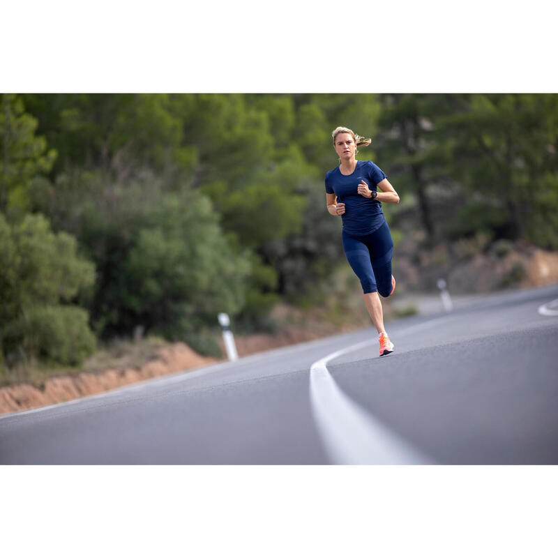 Corsaire running sans couture Femme - KIPRUN CARE bleu foncé