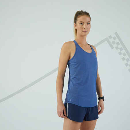 Moteriški bėgimo marškinėliai be rankovių su įsiūta liemenėle „Kiprun Care“, tamsiai mėlyni