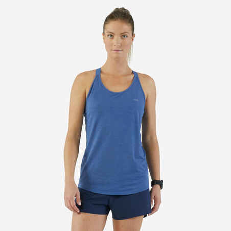 Moteriški bėgimo marškinėliai be rankovių su įsiūta liemenėle „Kiprun Care“, tamsiai mėlyni
