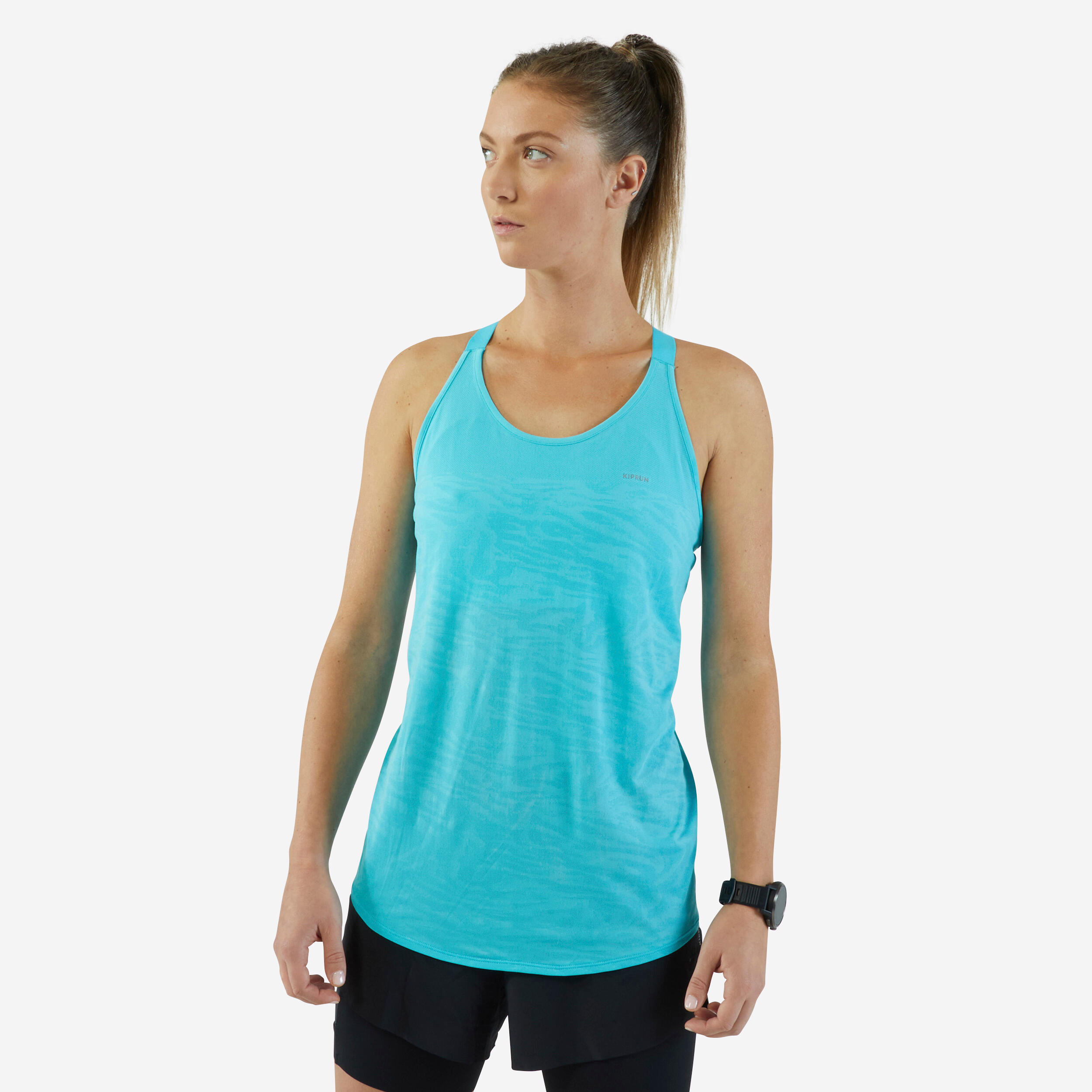 Women's running tank top with integrated bra - KIPRUN Run 500 Conf turquoise