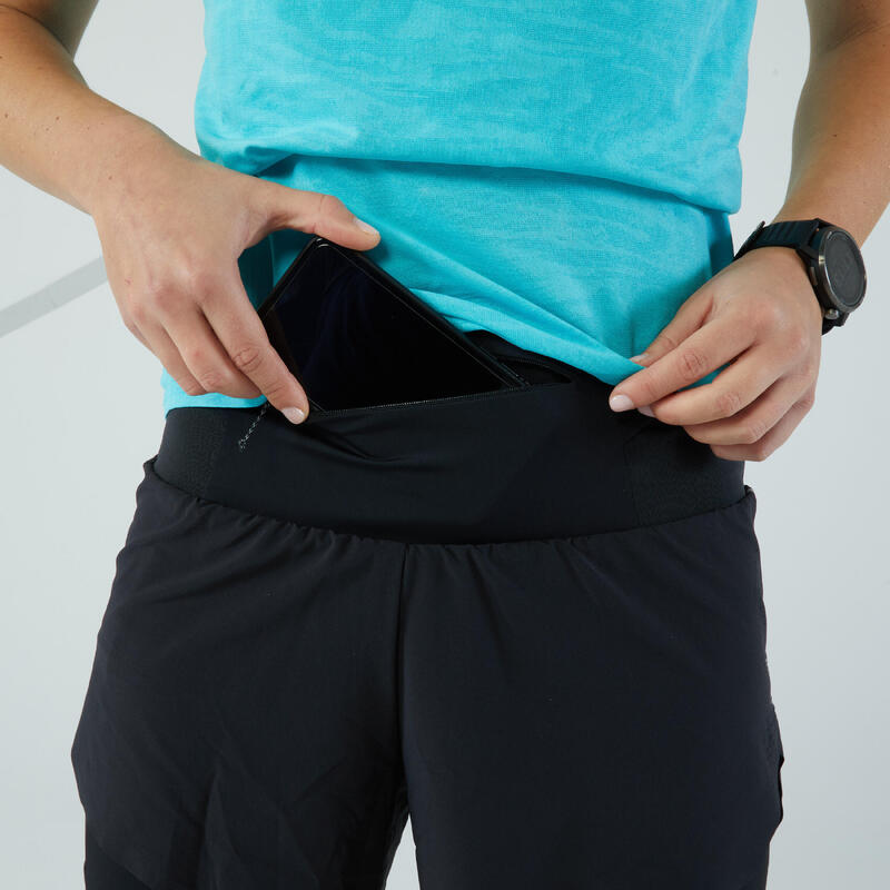 Pantalón corto 2 en 1 running mujer - KIPRUN MARATHON negro