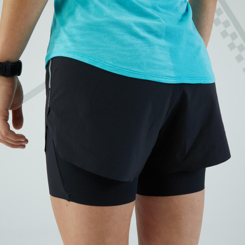 Pantalón corto 2 en 1 running mujer - KIPRUN MARATHON negro