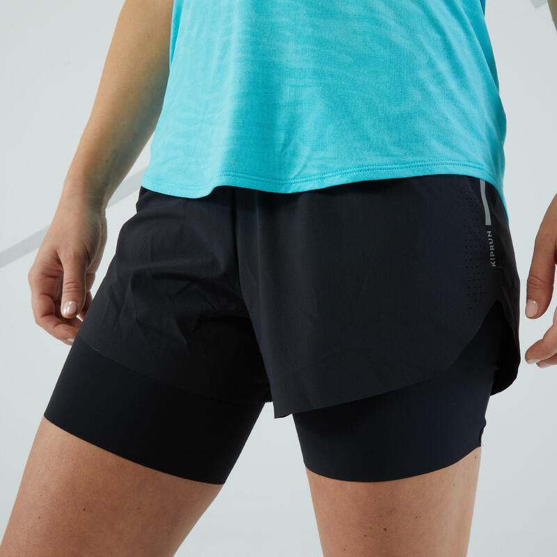 Pantalón corto 2 en 1 running mujer - KIPRUN MARATHON negro