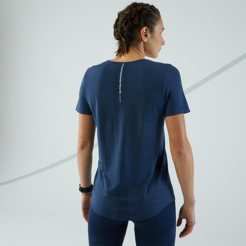 Naadloos trail- en hardloopshirt voor dames Run 500 Comfort leisteenblauw