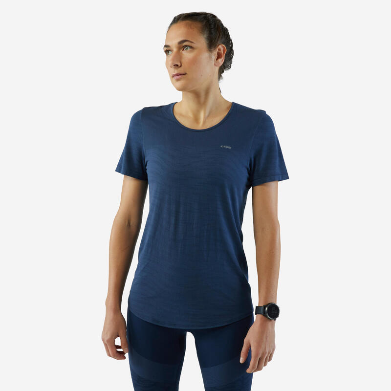 Camiseta Running y Trail sin costuras mujer KIPRUN Run 500 Confort azul pizarra 