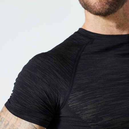 Short-Sleeved Crew Neck Weight Training Compression T-Shirt - Black/Khaki