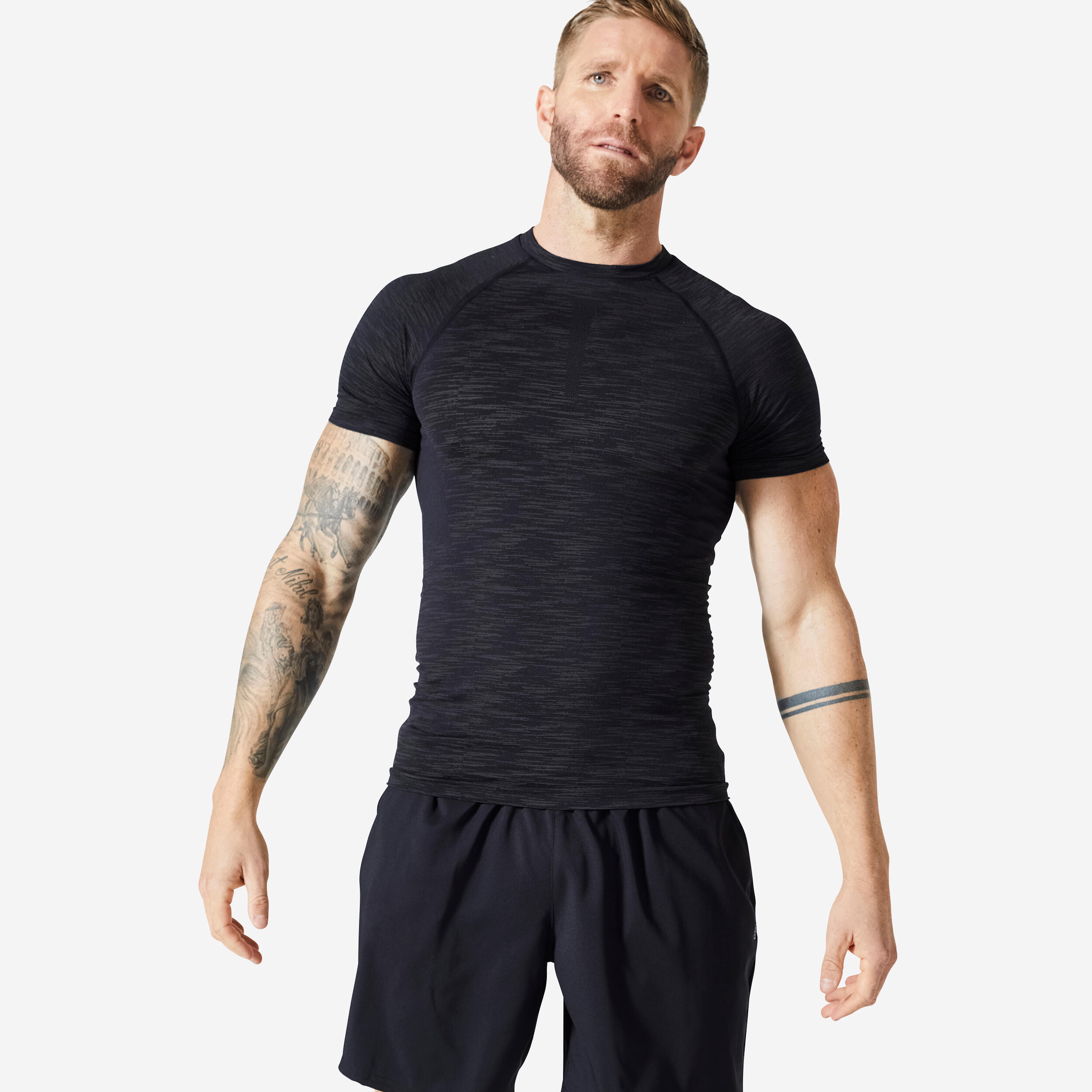 DOMYOS Short-Sleeved Crew Neck Weight Training Compression T-Shirt - Black/Khaki