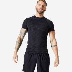 T-shirt musculation compression manches courtes respirant col rond - noir kaki