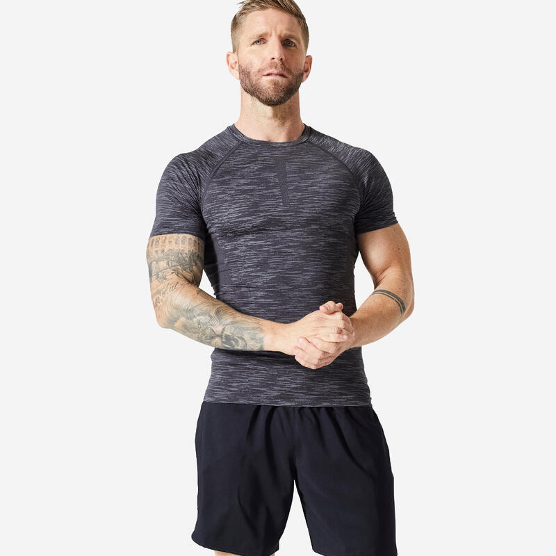 Erkek Koyu Gri Slim Dikişsiz Spor Tişörtü - Vücut Geliştirme