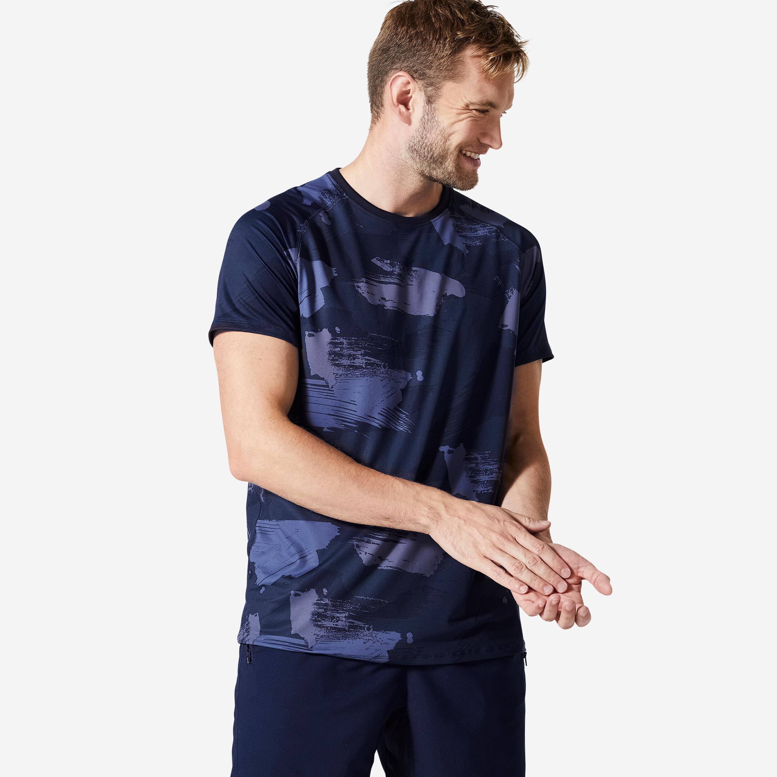 DOMYOS Samarreta Fitness Essential Home Blau AOP Transpirable Coll Rodó