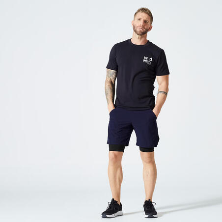 Short de fitness 2 en 1 collection respirant poche zippé homme - blue noir