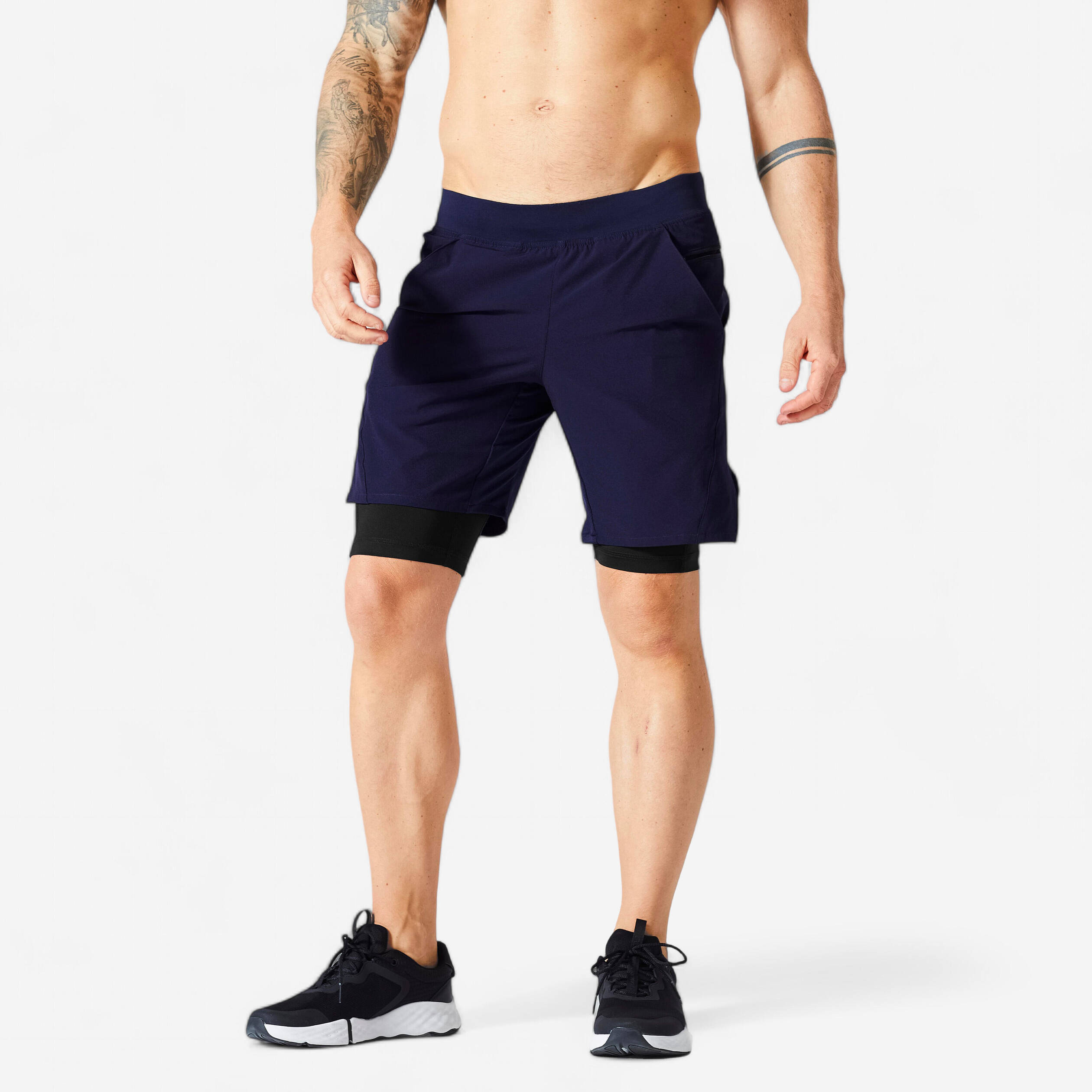Men Sports Gym Shorts with Tights and Zip Pocket - Blue/Black