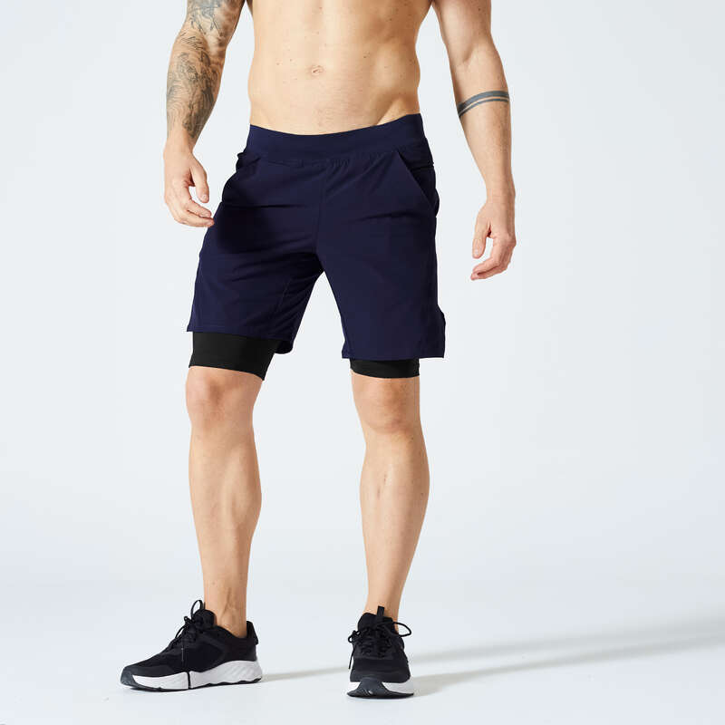 Short de fitness 2 en 1 collection respirant poche zippé homme - blue noir  - Decathlon Tunisie