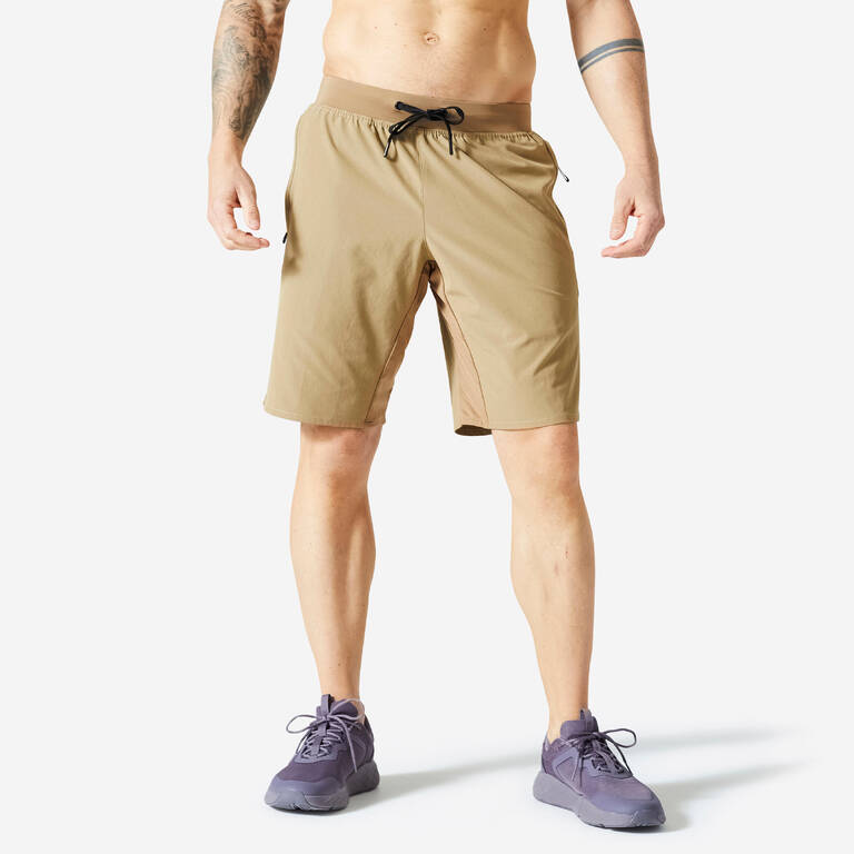 Men Sports Gym Shorts With Zip Pocket - Brown