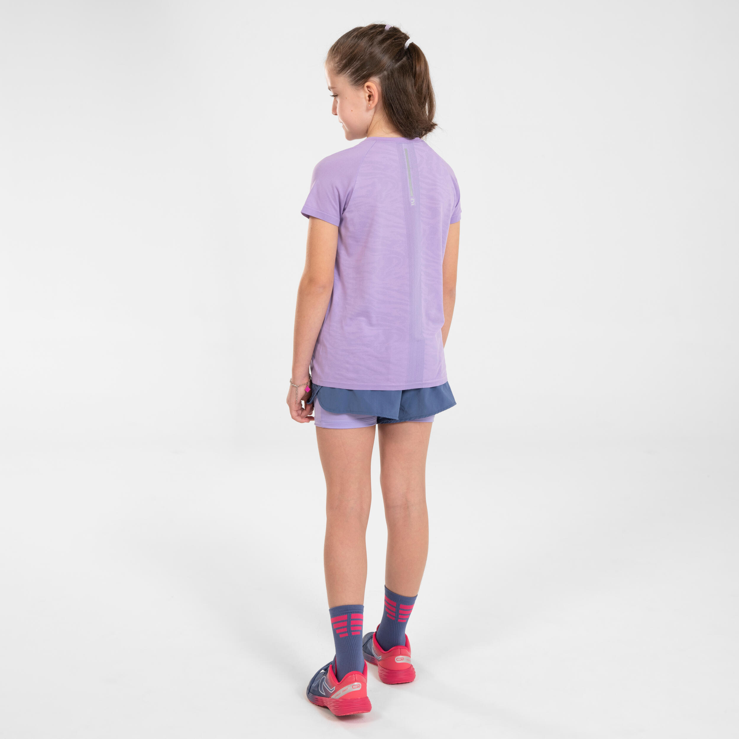 KIPRUN DRY+ girl's breathable 2-in-1 tight running shorts - denim and mauve 4/14