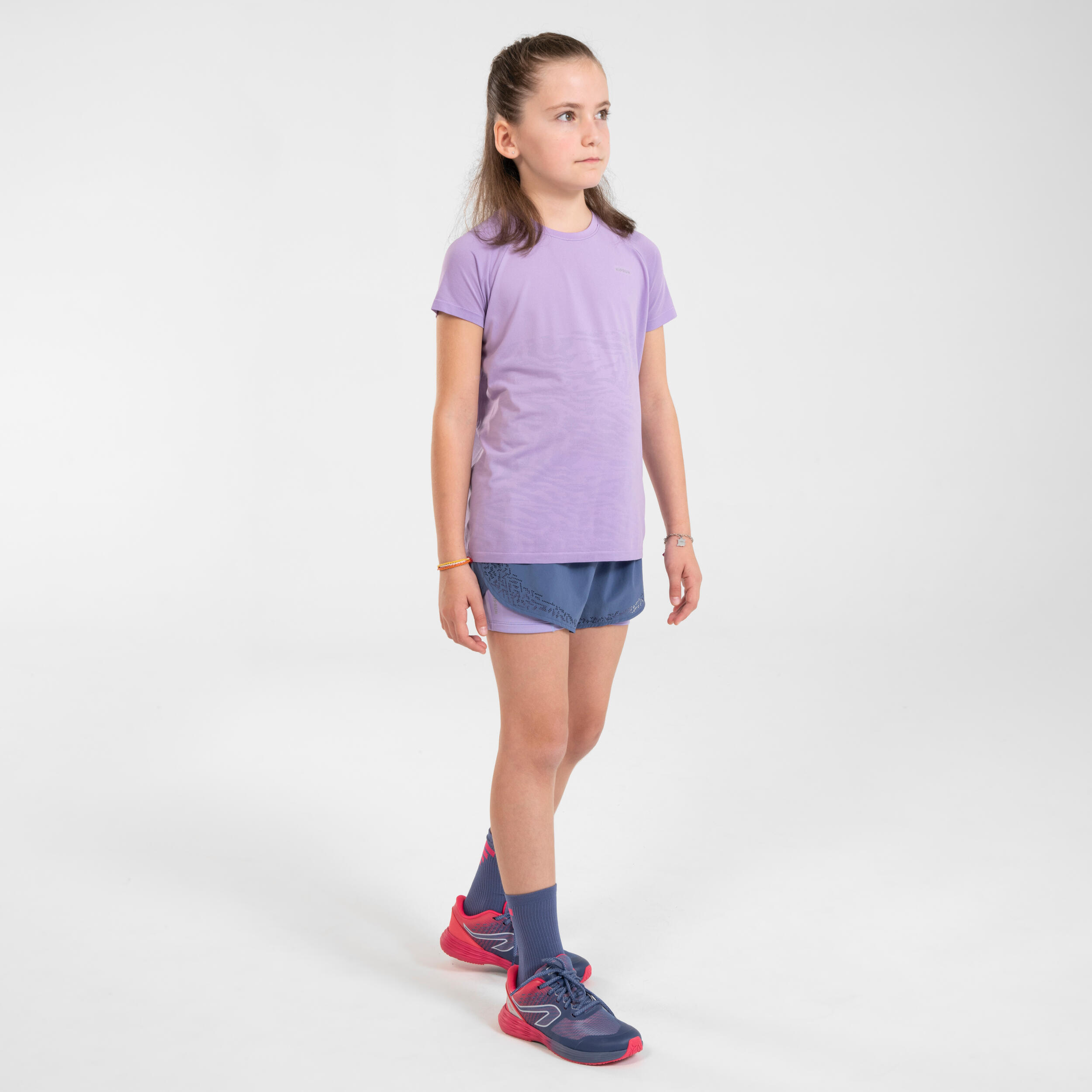 KIPRUN DRY+ girl's breathable 2-in-1 tight running shorts - denim and mauve 3/14