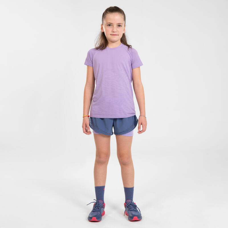 Ademende hardloopshort en korte tight 2-in-1 meisjes DRY+ jeansblauw en zachtpaars
