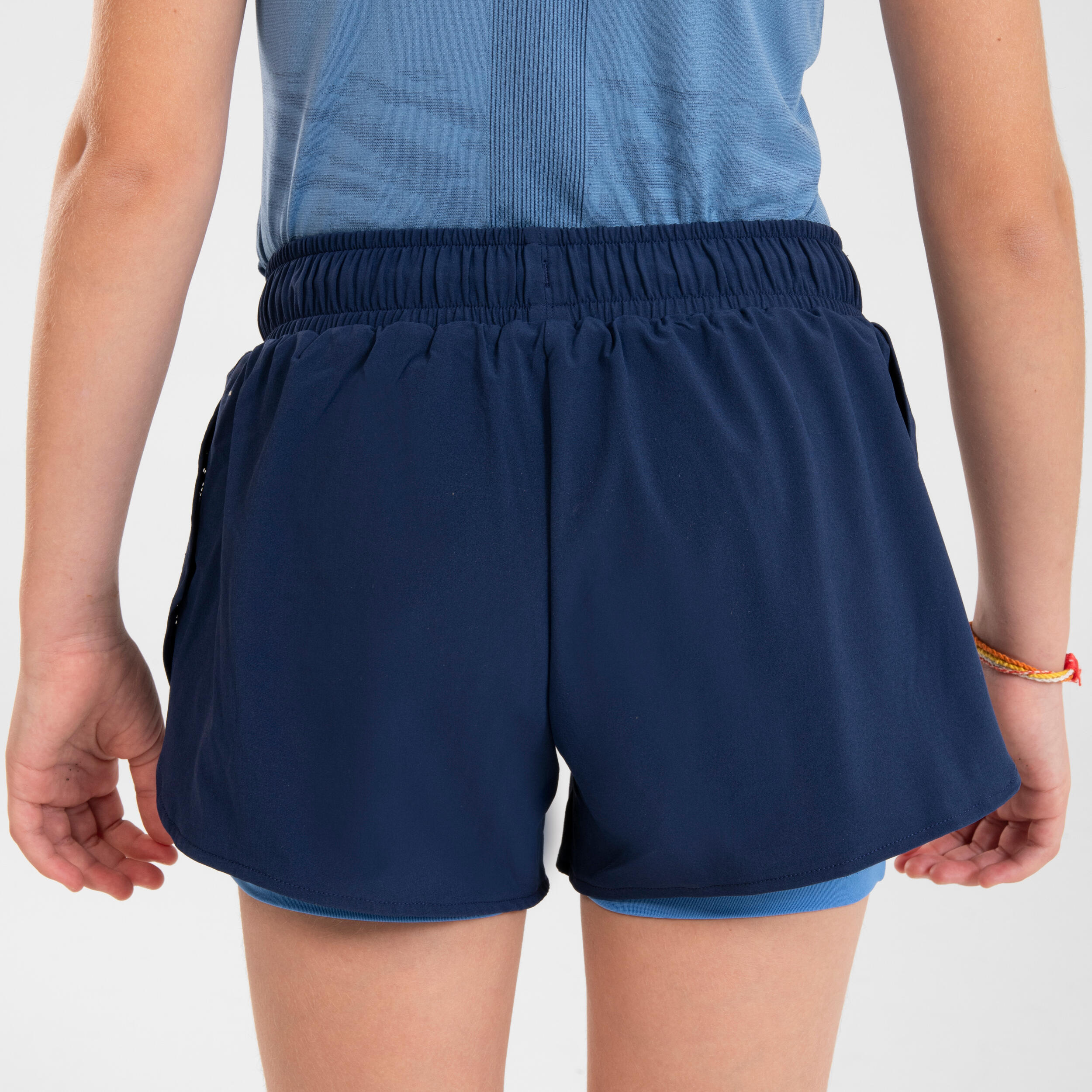KIPRUN DRY+ Girls' 2-in-1 Running Tight Shorts - navy and blue 11/16